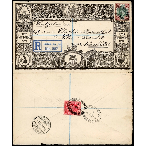 1121 - OCEAN PENNY POSTAGE - 1 OCT. 1908 JUNIOR PHILATELIC SOCIETY COMMEMORATIVE ENV.: Elaborate printed de... 