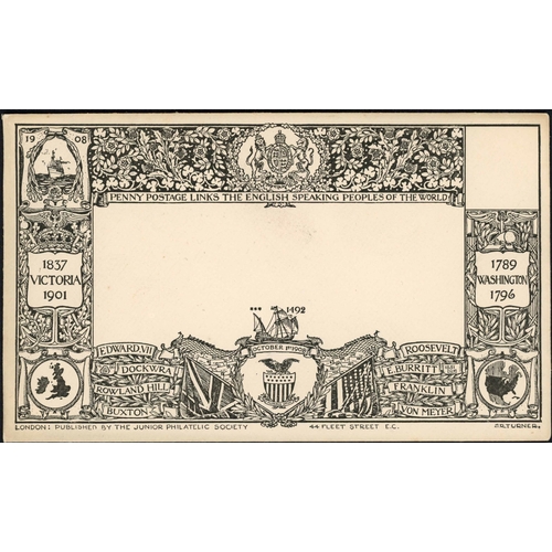 1121 - OCEAN PENNY POSTAGE - 1 OCT. 1908 JUNIOR PHILATELIC SOCIETY COMMEMORATIVE ENV.: Elaborate printed de... 