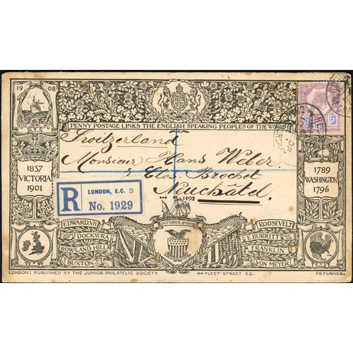 1121 - OCEAN PENNY POSTAGE - 1 OCT. 1908 JUNIOR PHILATELIC SOCIETY COMMEMORATIVE ENV.: Elaborate printed de... 