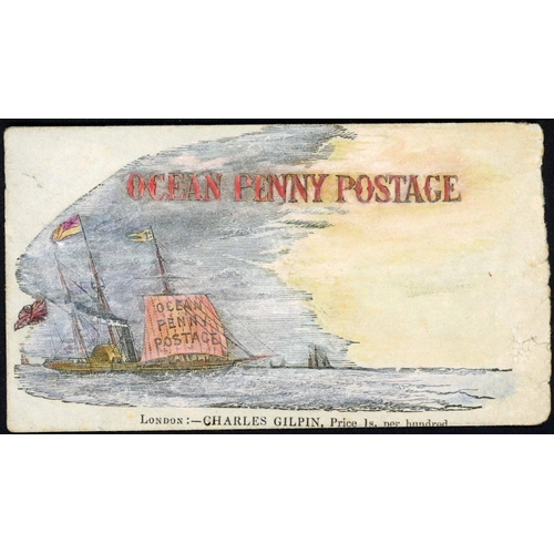 1122 - OCEAN PENNY POSTAGE: An unused hand-coloured env. (faults at right edge) depicting a ship with 