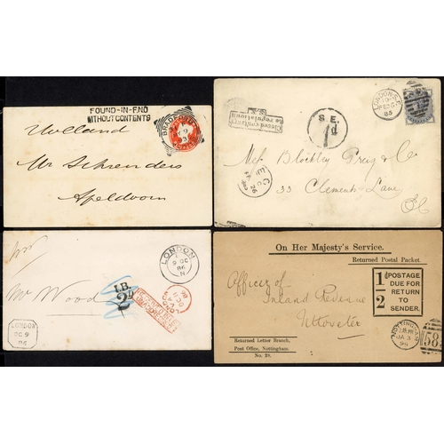 1125 - LATE QV POSTAGE DUE MARKS, RETURNED MAILS ETC.: 1882-1901 collection inc. 1896 uprated ½d PC London ... 