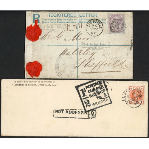 1125 - LATE QV POSTAGE DUE MARKS, RETURNED MAILS ETC.: 1882-1901 collection inc. 1896 uprated ½d PC London ... 