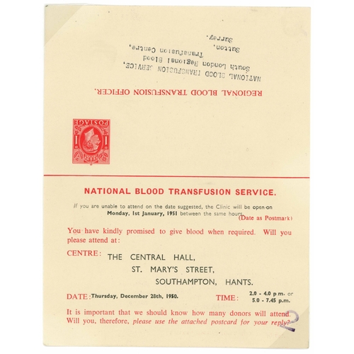 1131 - NATIONAL BLOOD TRANSFER, REPLY PCs (ALL VERY RARE), ETC.: 1938-55 group inc. 4 National Blood Transf... 