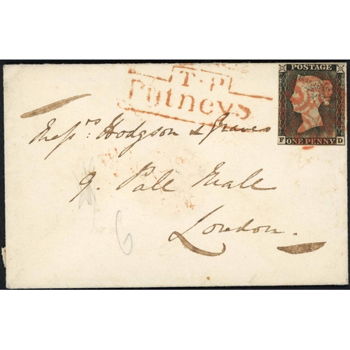 1206 - 1d BLACK FD ON COVER: 27 July 1840 env. used locally in London franked 1d black FD (no margins) tied... 