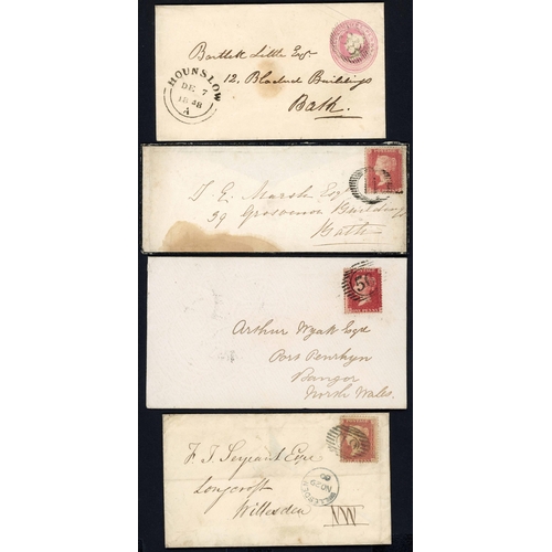 1208 - LOW NUMBERS NUMERALS ON COVER: Quartet of covers inc. 7 Dec. 1848 1d pink P.Stat. env. to Bath ex Ke... 