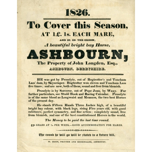 1234 - EPHEMERA - 1826/63 CIRCULARS FOR HORSE BREEDING, 1865 DEED FOR A PUB & DERBY CANAL Co. NOTICES/PHOTO... 