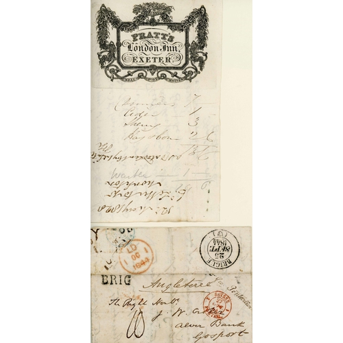 1245 - SOUTH DEVON - SPECTACULAR 1852 VALENTINE WITH 1d REDS & BLUE NUMERALS, EXETER INN RECEIPT, ETC.; Ver... 