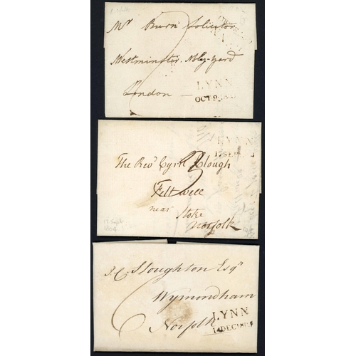 1277 - KING'S LYNN; 1803-04 LYNN/DATED COVERS: Three examples of the very scarce mark LYNN/dated marks. Thi... 