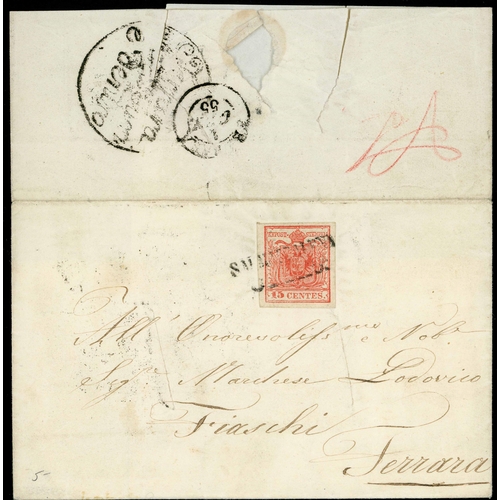 186 - 19th CENTURY ITALIAN DISINFECTION MARKS: Trio of 1854/55 slit Es to Ferrara each franked Lombardy-Ve... 