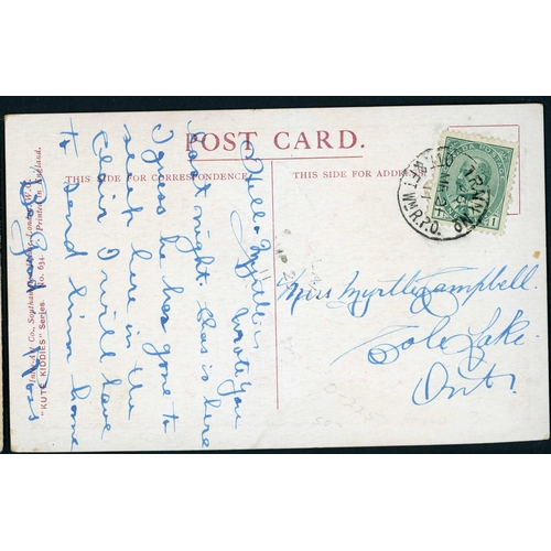 198 - KEVII CANADA & NEWFOUNDLAND T.P.O.s: 1906-12 range of mail inc. 1906 PPC to GB cancelled by fine 