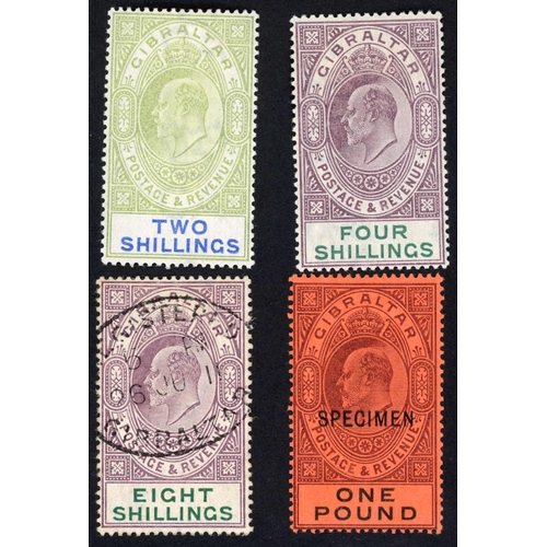 441 - 1903 WATERMARK CROWN CA HIGH VALUES comprising 2/- & 4/- mounted mint, 8/- used with dated Registere... 