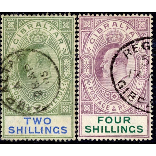 443 - 1904 CHALKY PAPER HIGH VALUES comprising  2/- cancelled with a 1905 Gibraltar cds & 4/- with partial... 