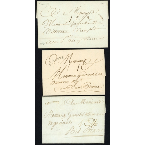 469 - LATE 18th C. MARKS OF AQUIN, JACMAL & PETIT GOAVE: Trio of covers inc. 1781 wrapper to Port au Princ... 