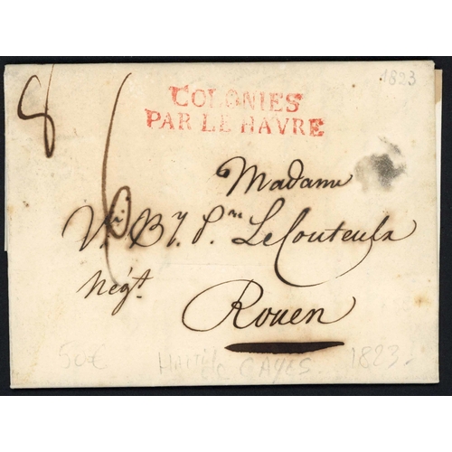 472 - FRENCH RECEIVING MARKS ON 19th C. MAIL: Trio inc. c.1800 letter, with transcript, from Haiti to Ango... 