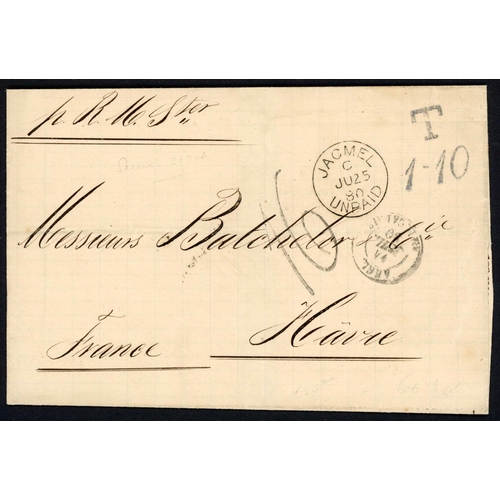 480 - BRITISH POST OFFICE JACMEL: 23 Jun. 1880 unpaid letter from Port au Prince via Jacmel to Le Havre. E... 