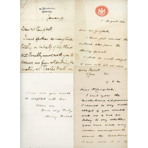 749 - HENRY FAWCETT (BLIND M.P./P.M.G. FAMOUS FOR PARCELS POST, ETC.) - CORRESPONDENCE TO SIR J.C. CAMPBEL... 