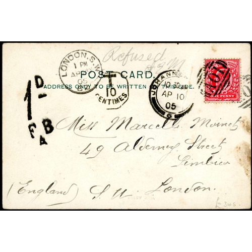 857 - POSTAGE DUE - 1905 PPC; 10 Apr. 1905 PPC (depicting Zulu women in native dress) from Johannesburg to... 