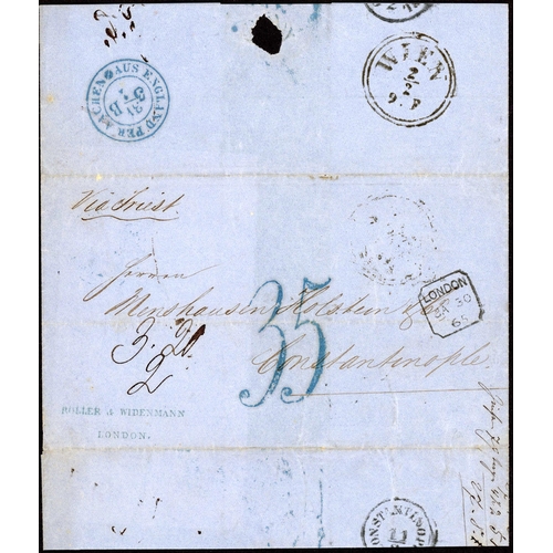 871 - INCOMING & OUTGOING G.B. MAILS: 1865-90 group inc. 1865 E London to Constantinople via Trieste with ... 