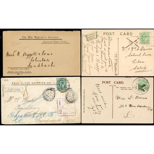 874 - KEVII INSTRUCTIONAL MARKS, CHRISTMAS CROSS ETC: 1901-08 group inc 1908 PPC Leicester local with LEIC... 