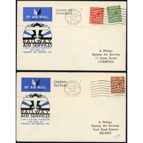 886 - 1934 RAILWAY AIR SERVICE FLIGHTS: 1934 (20 Aug.) printed envelopes (46) to A Phillips flown on a lar... 