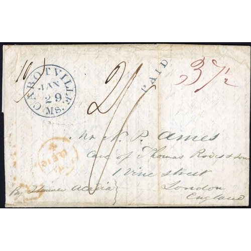 891 - S.S. ACADIA, EASTBOUND COVER: 1841 EL (minor flap fault/filing creases) carried by SS Acadia ex USA ... 