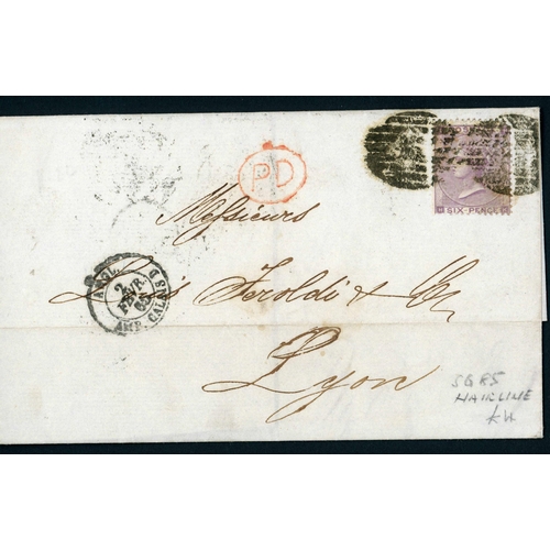 908 - 4d RED & 6d LILAC USED TO FRANCE: Pair inc. Jan. 1865 E to Lyon ex London franked 1864 6d lilac canc... 