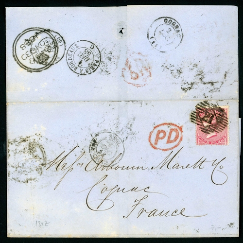 908 - 4d RED & 6d LILAC USED TO FRANCE: Pair inc. Jan. 1865 E to Lyon ex London franked 1864 6d lilac canc... 