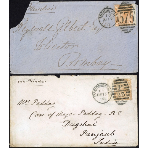 909 - INDIA MAILS WITH 8d ORANGE FRANKING: 1878 pair env. (faults to both) inc. Norwich to Bombay endorsed... 