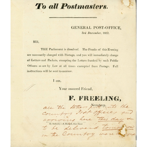 927 - RARE 1832 FREELING P.O. NOTICE REF. END OF SESSION + NEWSPAPERS REF. 1784 RULES & FRANKING FORGER; R... 