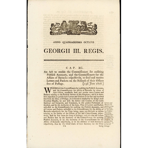 923 - PRINTED ACTS OF PARLIAMENT REF. FREE FRANKING: Collection of disbound original printed 1808, 1809, 1... 