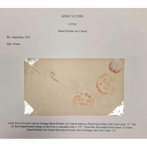 1283 - KING'S LYNN - 1841-1878 COVERS, ETC.: An assortment of covers written-up on sheets inc. MXs, numeral... 