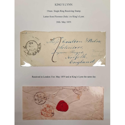 1283 - KING'S LYNN - 1841-1878 COVERS, ETC.: An assortment of covers written-up on sheets inc. MXs, numeral... 