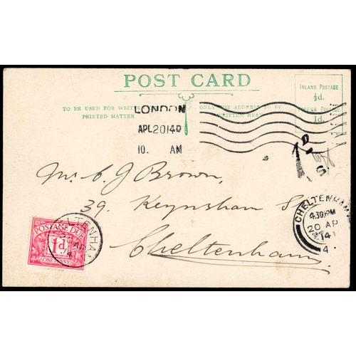 814 - SCARCE 1914 1d POSTAGE DUE ON POST CARD: 1d red p.due stamp on unfranked PC ex London tied very fine... 