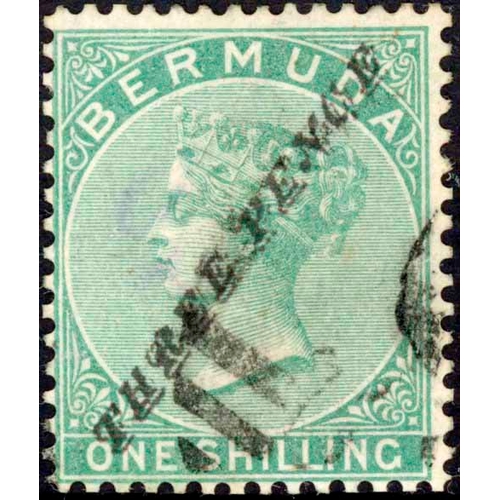 332 - 1874 THREEPENCE ON 1/- GREEN SG13 nicely used with tone spot on reverse. Overprint is not guaranteed... 