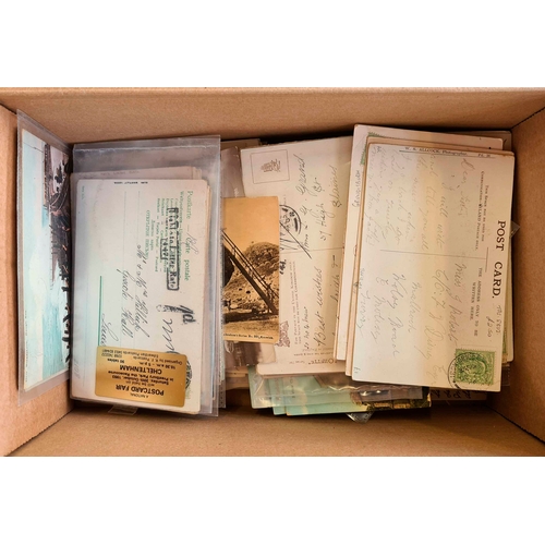 877 - CANCELLATIONS ON EARLY 20th C. PPCs in a small carton showing a wide variety of cancellations on chi... 