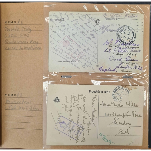 124 - WWI FPO MAIL: Photo album housing collection of cards & covers from various location, Western Front,... 