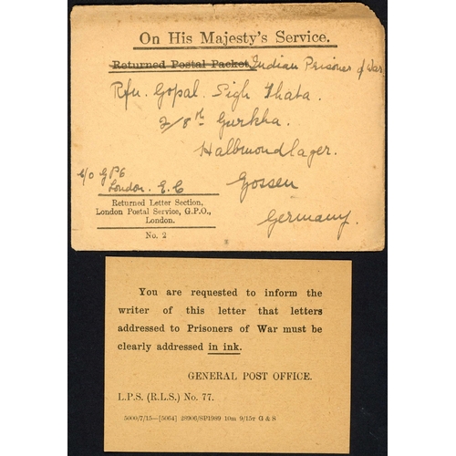 134 - WWI CENSORED & RETURNED MAIL: Group of covers ex GB. Inc. 1915 Returned Postal Packet env. to an Ind... 