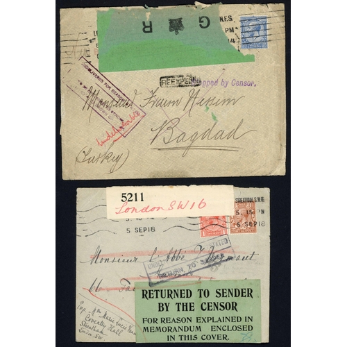 134 - WWI CENSORED & RETURNED MAIL: Group of covers ex GB. Inc. 1915 Returned Postal Packet env. to an Ind... 