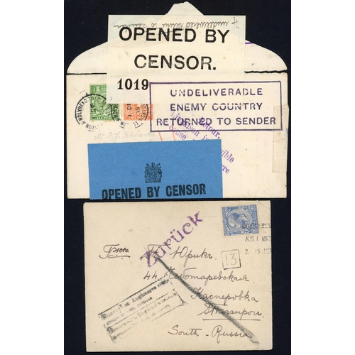 136 - WWI SUSPENDED SERVICES: Group of envs. & cards ex GB inc. 23 Oct. 1912 env. to Turkey ex London retu... 