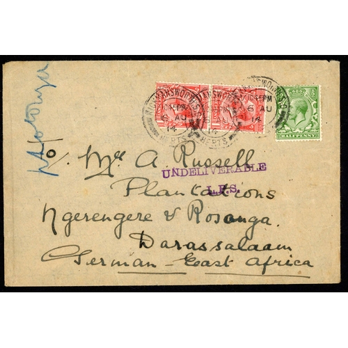 136 - WWI SUSPENDED SERVICES: Group of envs. & cards ex GB inc. 23 Oct. 1912 env. to Turkey ex London retu... 