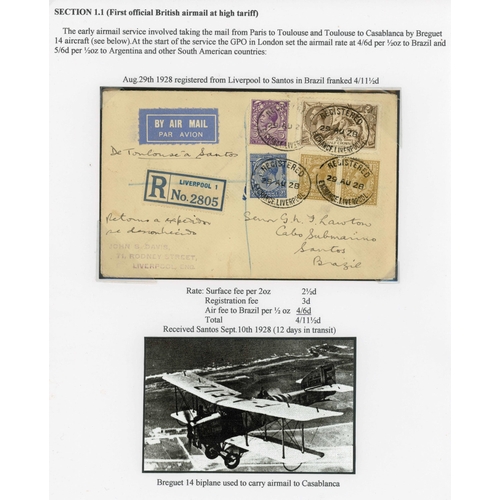 156 - FIRST OFFICIAL BRITISH AIR MAIL AT HIGH TARIFF: 29 Aug. 1928 Regd. env. from Liverpool to Brazil at ... 