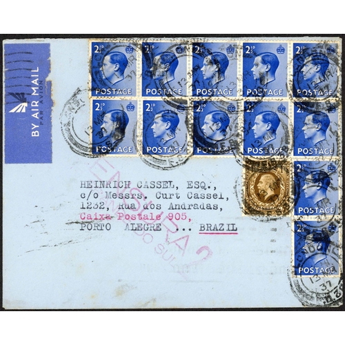 166 - 13 MAR. 1937 KEVIII FRANKING TO BRAZIL: London to Brazil cover bearing 12 x KEVIII 2½d and a single ... 