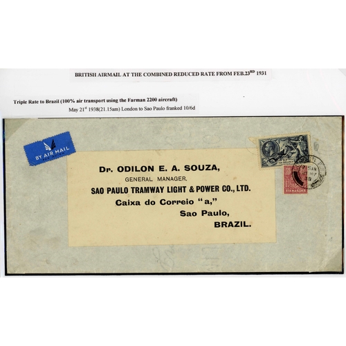 169 - 21 MAY 1938 LONDON TO BRAZIL COVER: Triple rate cover (100% air transport) franked 10/6d (10/- Sea H... 