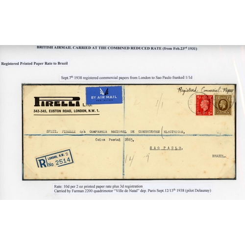 171 - 7 SEP. 1938 REGISTERED PRINTED PAPER RATE TO BRAZIL: London to Sao Paulo cover franked with KGV 1/- ... 