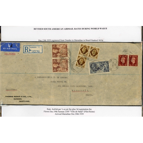 173 - 13 DEC. 1939 LARGE, REGD. COMMERCIAL COVER FROM DUNDEE TO BRAZIL: Franked 18/6d (4 x 4/6d air fee pl... 