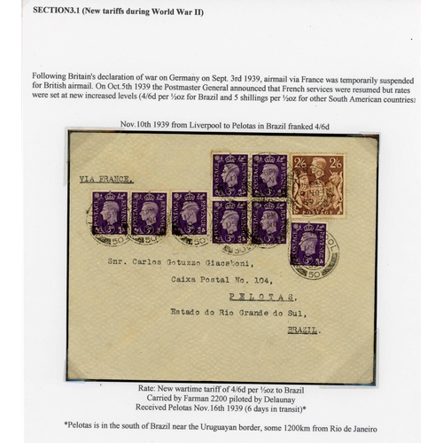 174 - 10 NOV. 1939 COVER FROM LIVERPOOL TO PELOTAS, BRAZIL: Charged 4/6d (new WWII rate for Brazil ½oz). F... 