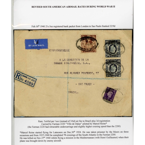 176 - 16 FEB. 1940 REGD. COVER LONDON TO SAO PAULO: Franking of 22/9d inc. pair of 10/- dark blue plus 2/6... 