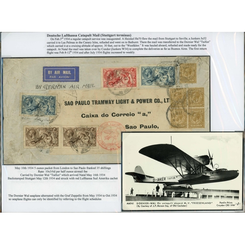179 - 10 MAY 1934 CATAPULT MAIL HIGH TARIFF COMMERCIAL COVER FROM LONDON TO SAO PAULO: 5oz packet franked ... 