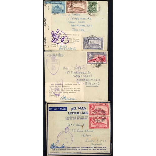 129 - GIBRALTAR WWII MAILS: 1939-1944 with 1940(?) env. Airmail to London endorsed OAS with red Passed by ... 