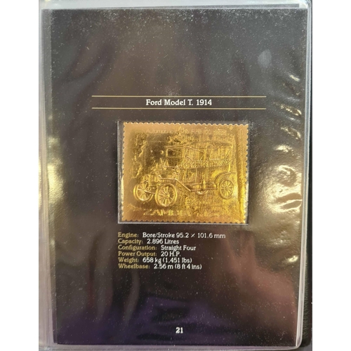 42 - CARS: An album containing 22 carat gold embossed stamps representing 24 of the 25 most famous models... 